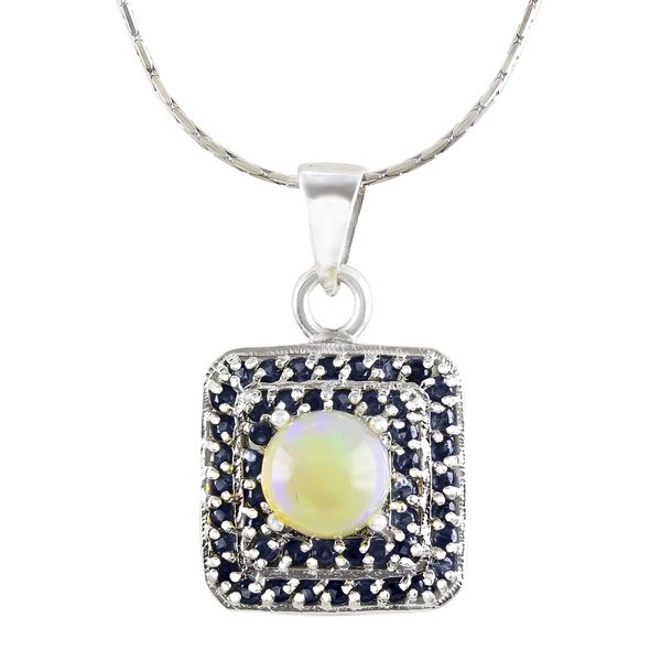 Natural Cabochon Fire Opal &amp; Sapphire 925 Sterling Silver Necklace