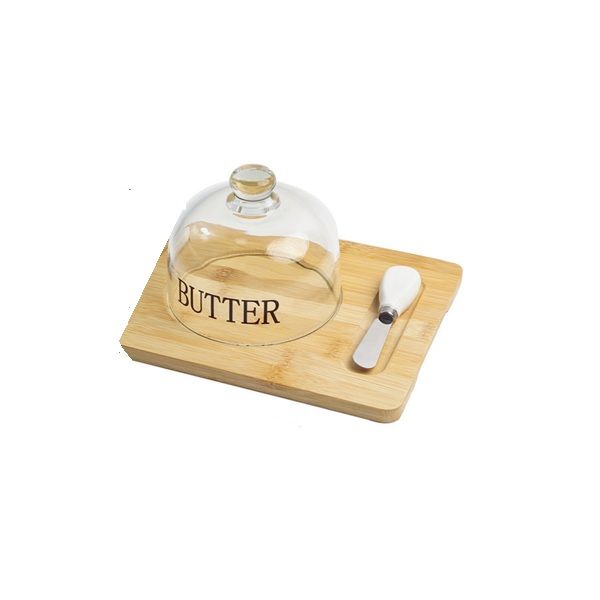 Bamboo Butter Server - Glass Dome with Bamboo Base and Knife