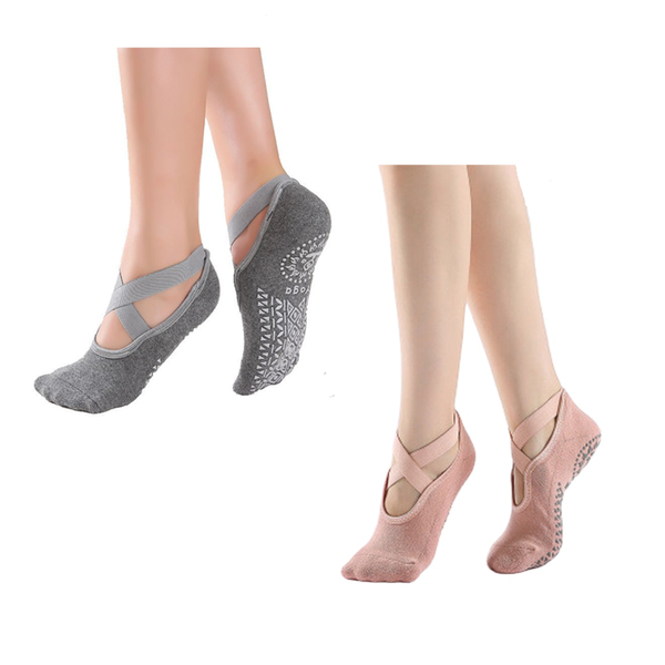 Non Slip Yoga Socks, Anti-Skid Socks for Pilates Barre - 2 Pack Grey&amp;Black