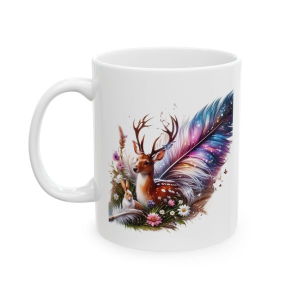 Deer Mug - Deer Rabbit Flowers And Feather Illustration
