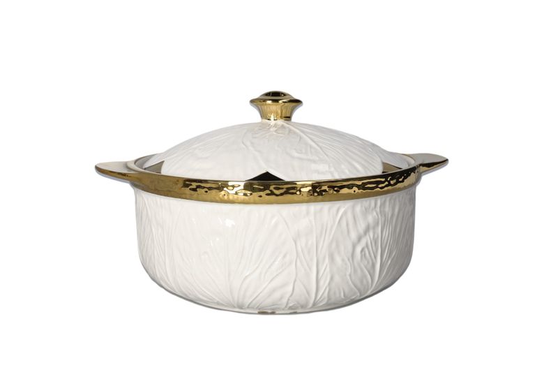 White and Gold Rimmed Ceramic Round Casserole Dish-30cm