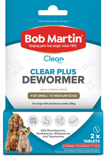 BOB MARTIN Clear+ Dewormer Tablets for Small &amp; Medium Dogs 2's