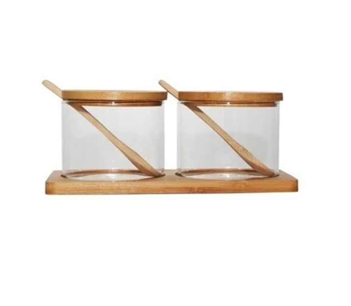 Canister 300ml 2Pc With Bamboo Teaspoons And Tray Aqua - Kitchen Essentials