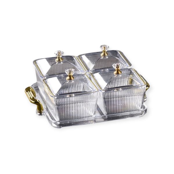 Exquisite 4 Grid Clear Snack Plastic Serving Platter with Gold Rim &amp; Lid