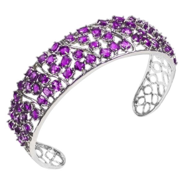 Natural Amethyst Gemstone 925 Sterling Silver Bangle With Openwork Detail