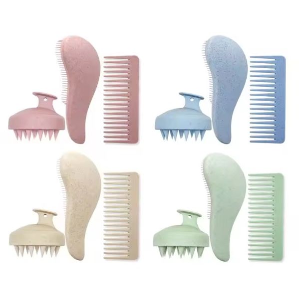4 Piece Eco-Friendly Wheat Straw Brush &amp; Comb Set - Brown