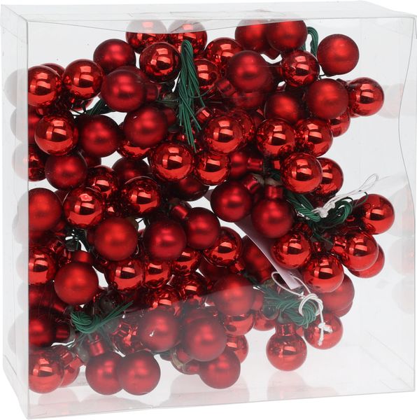 Mini Red Glass Xmas Balls on Wire - Set of 12, 20mm, Shiny &amp; Matt