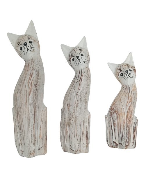 Wooden Cats Handcrafted Ornaments - Light White Wash - Set of 3