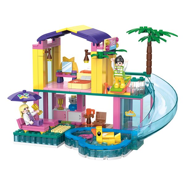 Seaside Villa House Building Block Kit with Slide &amp; Swimming Pool - 390-piece