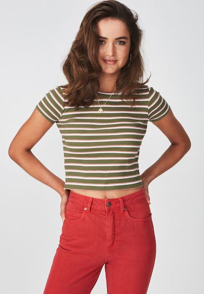 Women's Supré Zoey Midi Length Rib Tee - Khaki Stripe