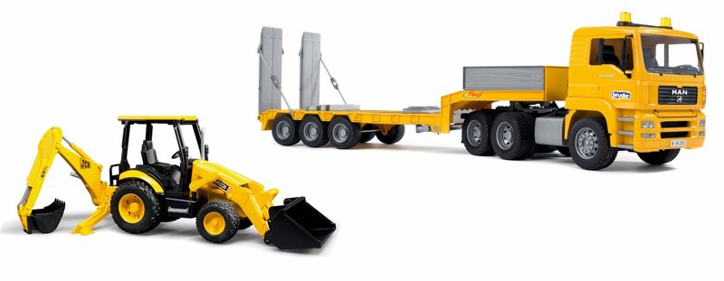Bruder MAN TGA Truck with low loader trailer &amp; JCB MIDI CX Backhoe Loader