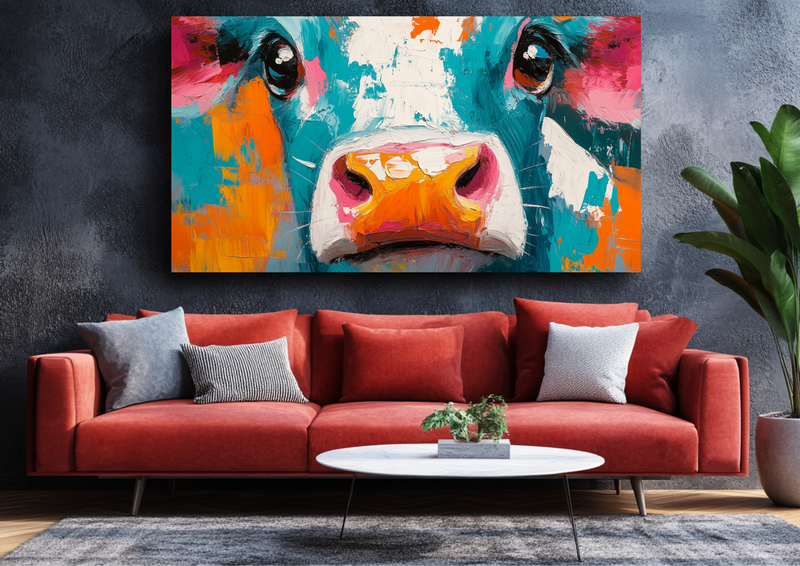 Canvas Wall Art - Playful Cow Bright Colors - BX0339