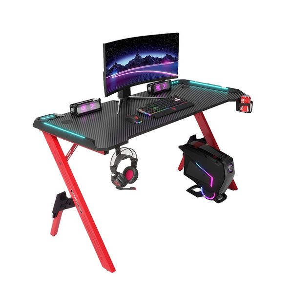 ERGONOMIC RGB &amp; LED Gaming Desk,120cm R-Shaped Home Computer Table - Red