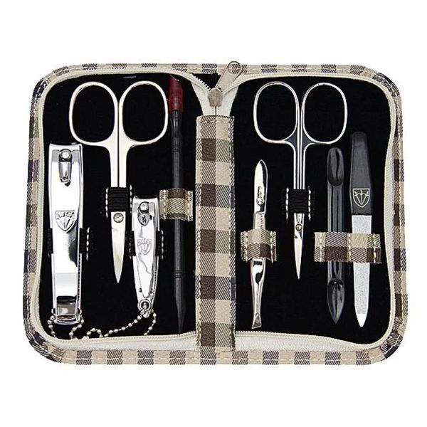 Kellermann 3 Swords Manicure Nail Tool Set: Check Brown/Navy/Cream Case 8Pc