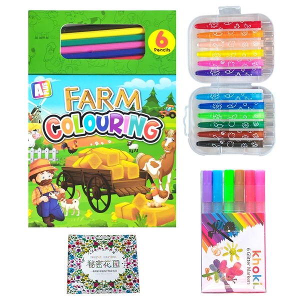 Children Colouring Books with 12 Retractable Crayons and 6 Glitter Markers