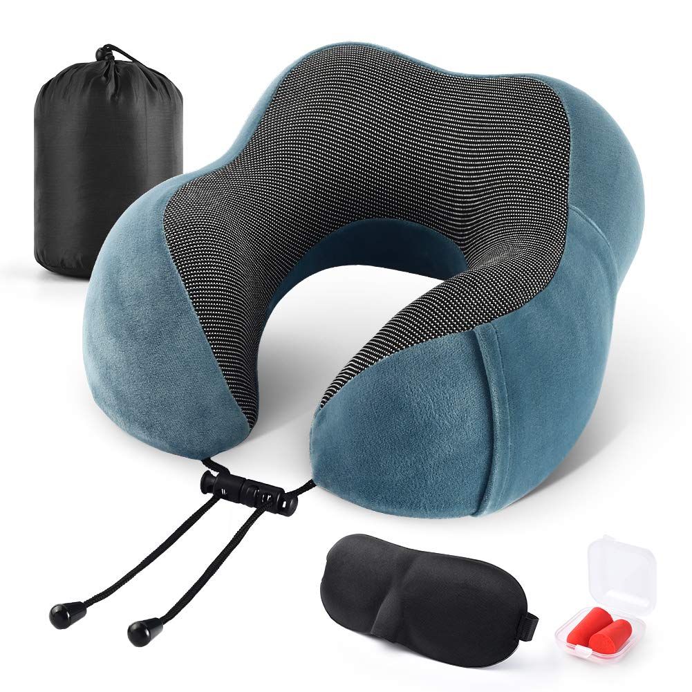 Travel Pillow 100% Memory Foam Pillow, Neck Pillow, Sleep Mask and Earplugs