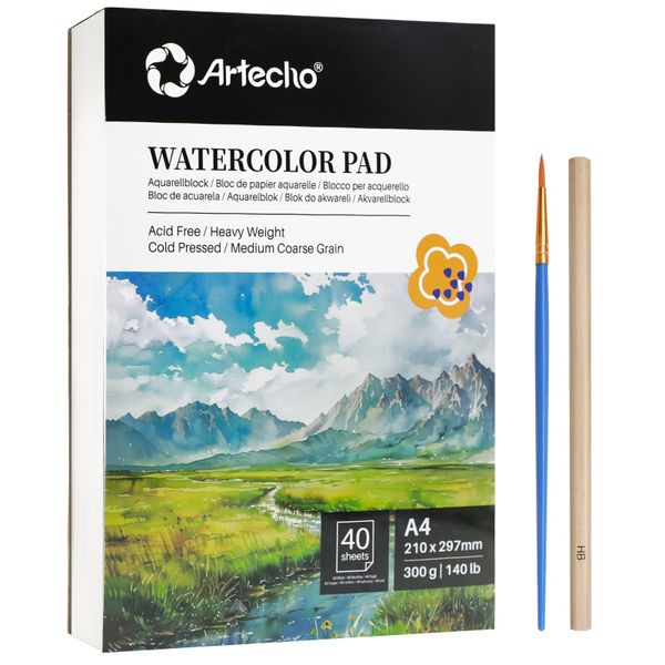 Artecho Professional A4 Watercolour Pad with Brush &amp; HB Pencil - 40 Sheets