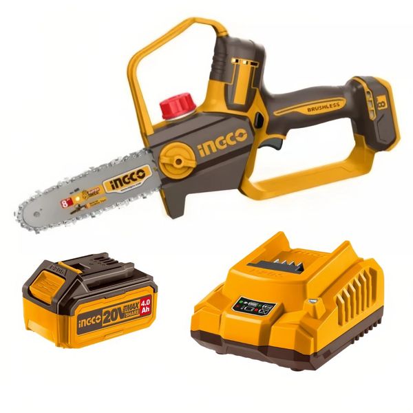 Ingco - Cordless Brushless Chainsaw (200mm) with 4.0Ah Battery &amp; Charger