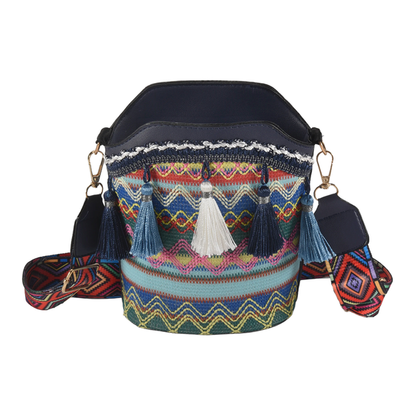 Bohemian Women's Straw Woven Messenger Tassel Bucket Bag Navy Blue