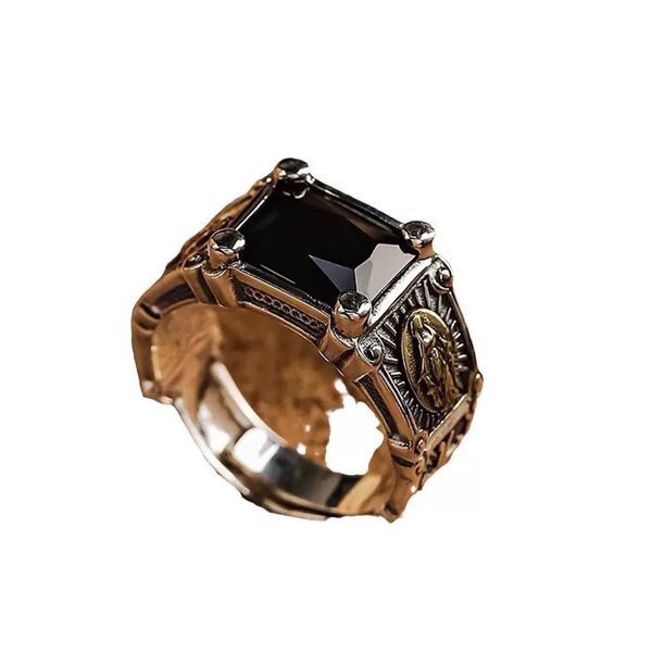 Men's Gothic Virgin Mary &amp; Cross Ring - Black Gemstone Statement Band