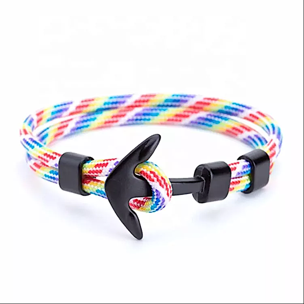 POU Nylon Gay Pride Rainbow Bracelet with Anchor