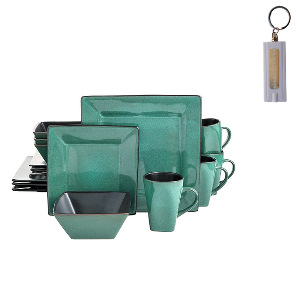Ceramic Square Dinnerware Set - 16 Pieces - Green and Black and a Key Holder
