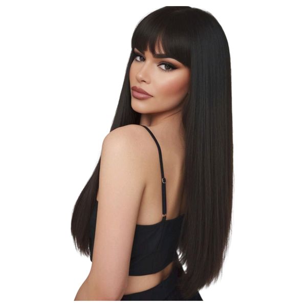 Black Cosplay Wig, Long Straight Wig with Bangs, Heat-Resistant Synthetic