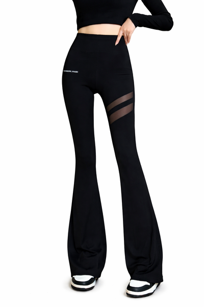Women's High-Waist Flared Leggings with Mesh Detail-L