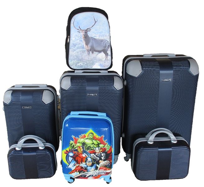 5-Piece ABS Family Luggage Set-Navy Suitcases+Avengers kids case &amp; Deer Bag