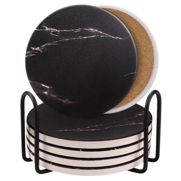Set of 6 Round Marble-Style Coasters with Metal Holder Stand - Black