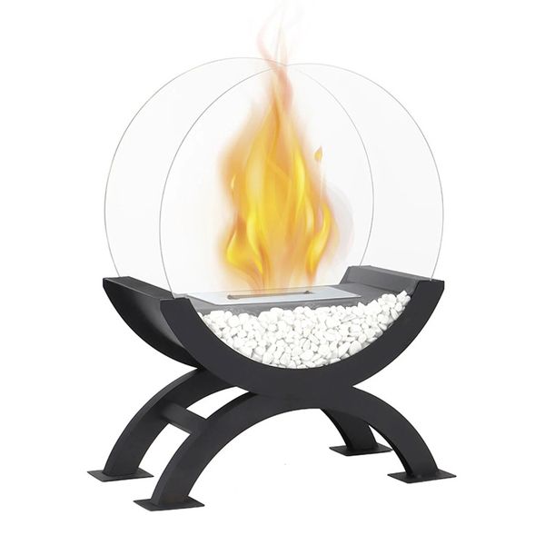 Portable Ethanol Fireplace - Round Glass Fire Pit for Indoor &amp; Outdoor Use