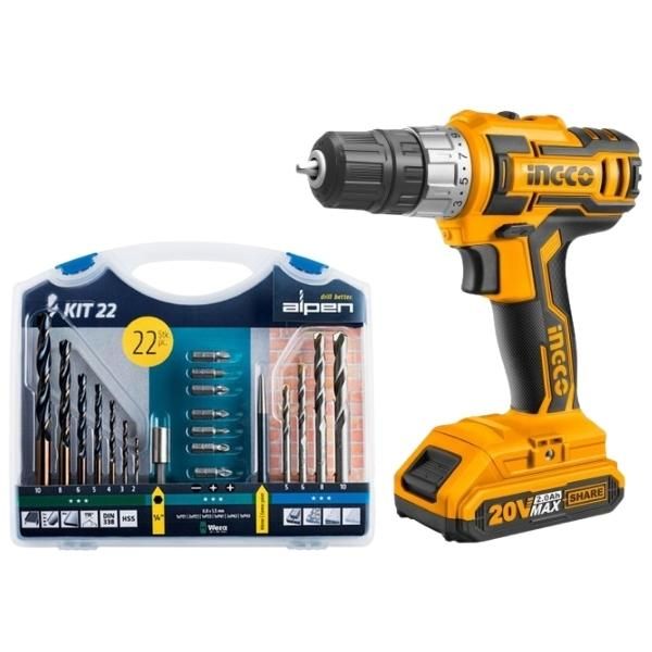 Ingco - Lithium-Ion Cordless Drill (20V) and Alpen 22 Piece Bit Set
