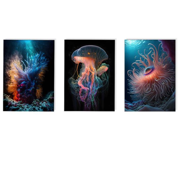 Canvas-Art-3 Pieces Colorful Jelly Fish &amp; Underwater Manatee Wall Art
