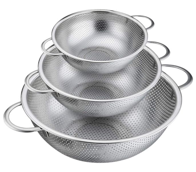 3 Piece Stainless Steel Colander Set With Dual Handles - Silver