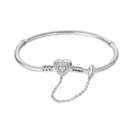 16cm - 925 Sterling Silver Heart Bead Snake Bone Bracelet - Silver & Pink Image