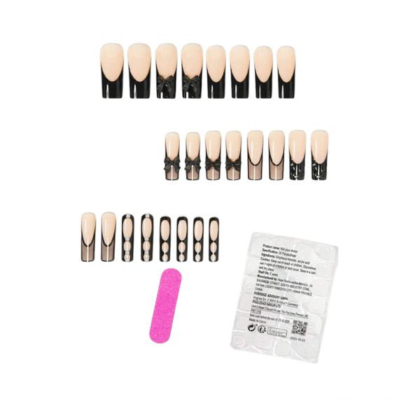 24pcs Long Square Elegant Faux Pearl Black Bow-Knot Press-on