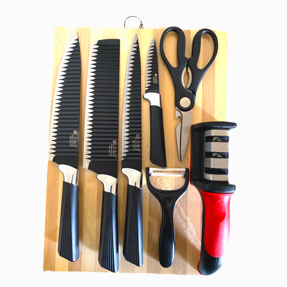 Stainless Steel 8 Piece Knife Set With + Cutting Board and 4 Way