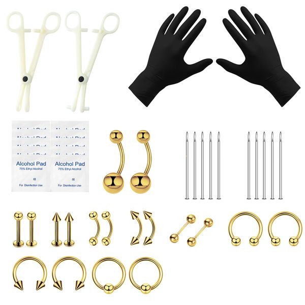 42 Piece Steel Belly Ring Tongue Body Jewelry with Piercing Needle Kit