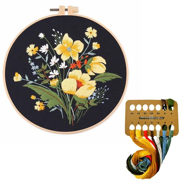 Black with Yellow Flowers Embroidery Sewing DIY Craft Kit