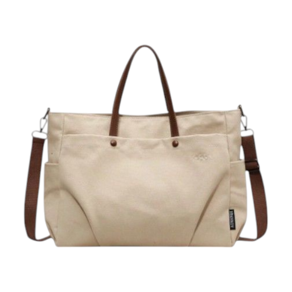 Classic Canvas Multi-Pocket Tote Bag with Adjustable Strap - Beige