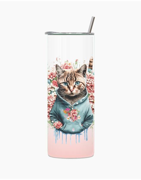 Flower Cat 20 Oz Straight Skinny Tumbler Straw Cup Motivational Present 016