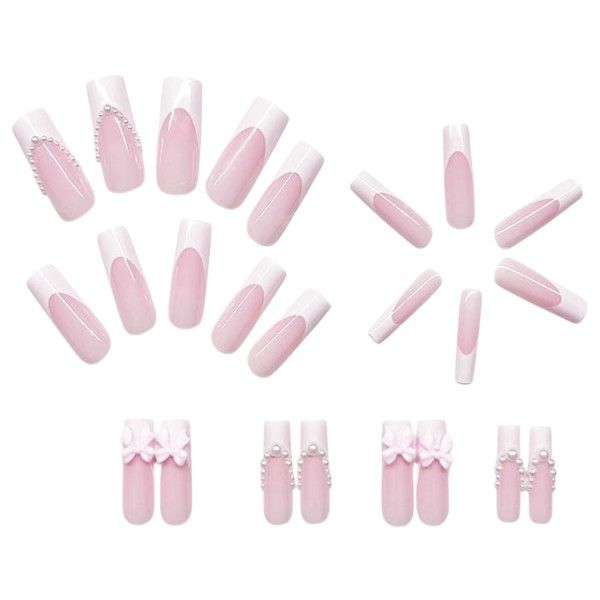 24 French Tip Long Coffin Press On Nails With Bow &amp; Pearl Elemants - White