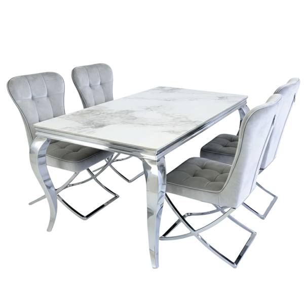 Modern Marble Dining Set | Chrome Finish &amp; Grey Velvet Chairs-5-Piece