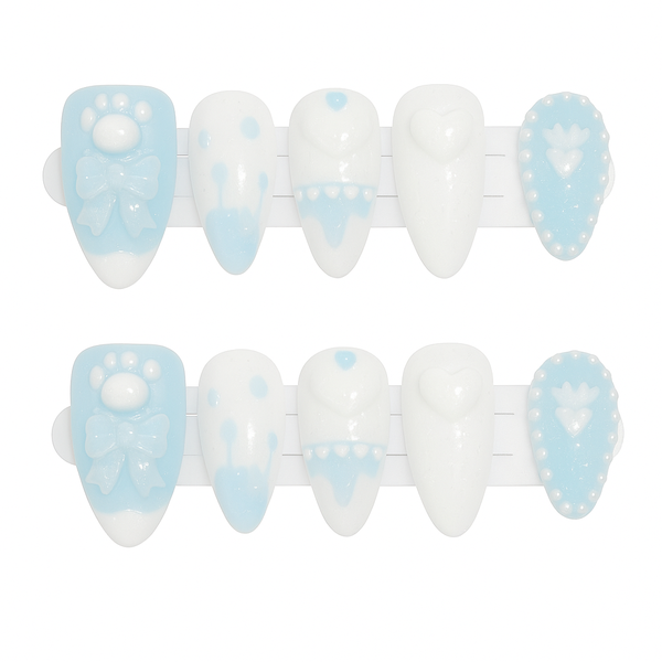 10 Piece - Almond Shaped Press On Nails Set With 3D Art - Baby Blue &amp; White