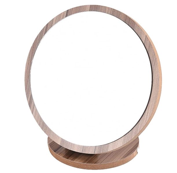 Round Wooden 360-Degree Rotating Single-Sided Desk Makeup Mirror