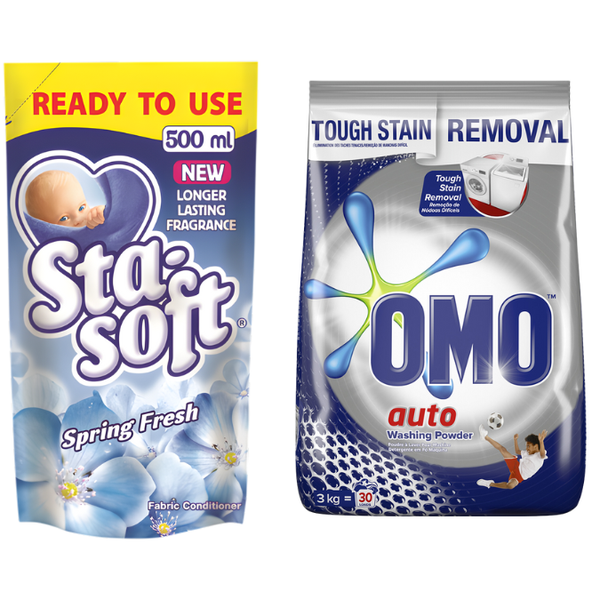 OMO Auto Washing Powder 3kg + Sta-Soft Refill Fabric Softener 500ml