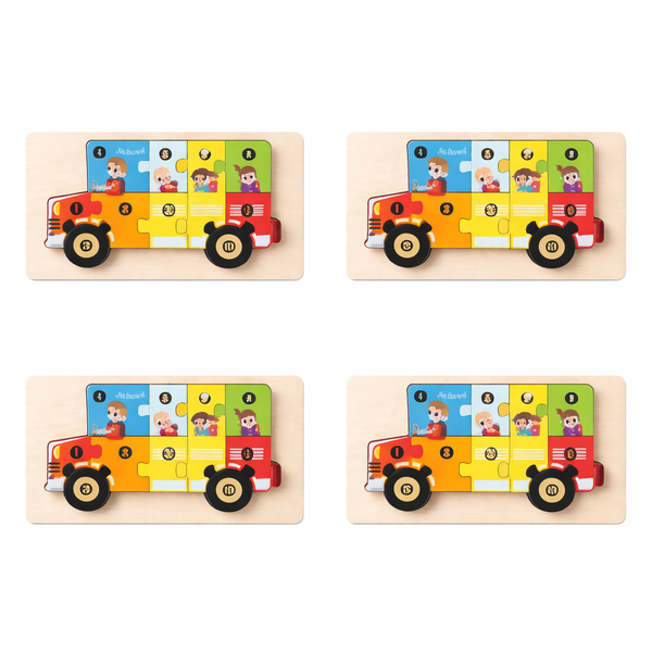 4 Pack - Educational School Bus Building Blocks - Multicolour