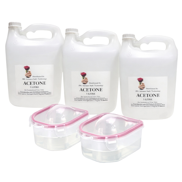 Pure Acetone 5 Litre - 3 Pack + 2 Soak-Off Bowls - Bulk Nail Remover Set