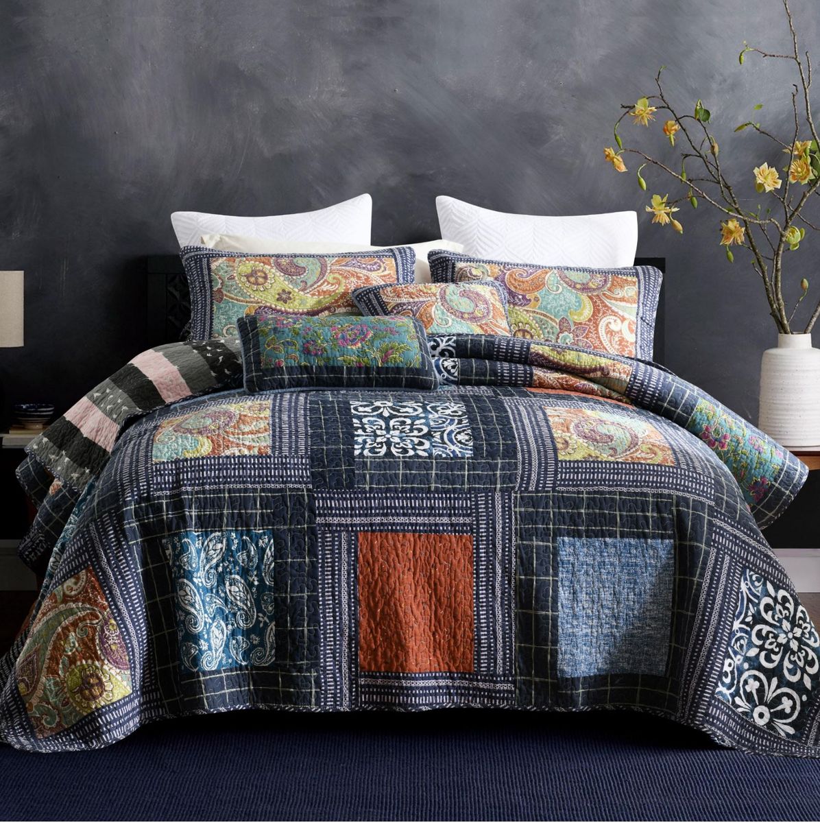 Luxurious Patchwork Bedspreads 100 Cotton Quilted Midnightblue