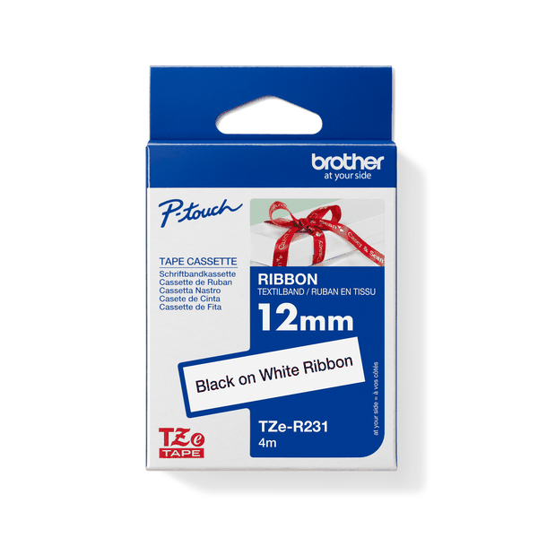Brother TZe-R231 Black on White Satin Ribbon Tape 12mm
